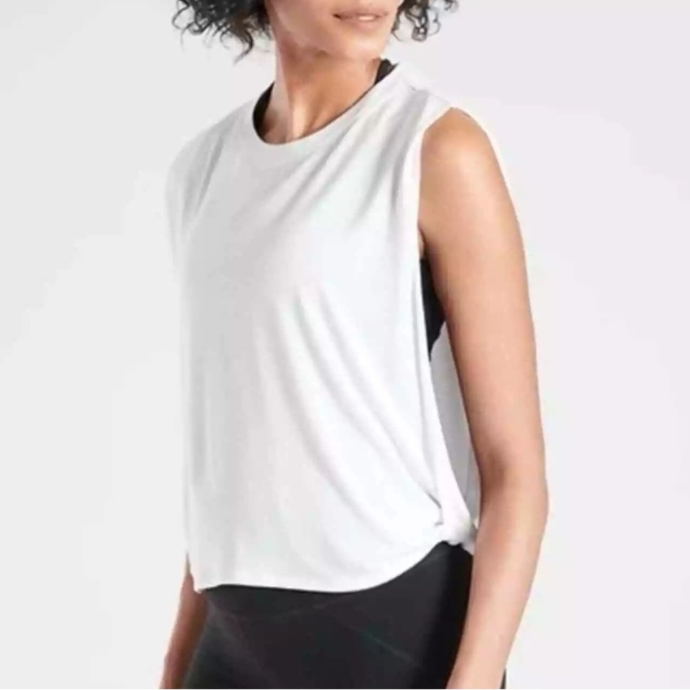 Athleta Cloudlight Relaxed Twisted Hem Open Side White Muscle Tank Like New